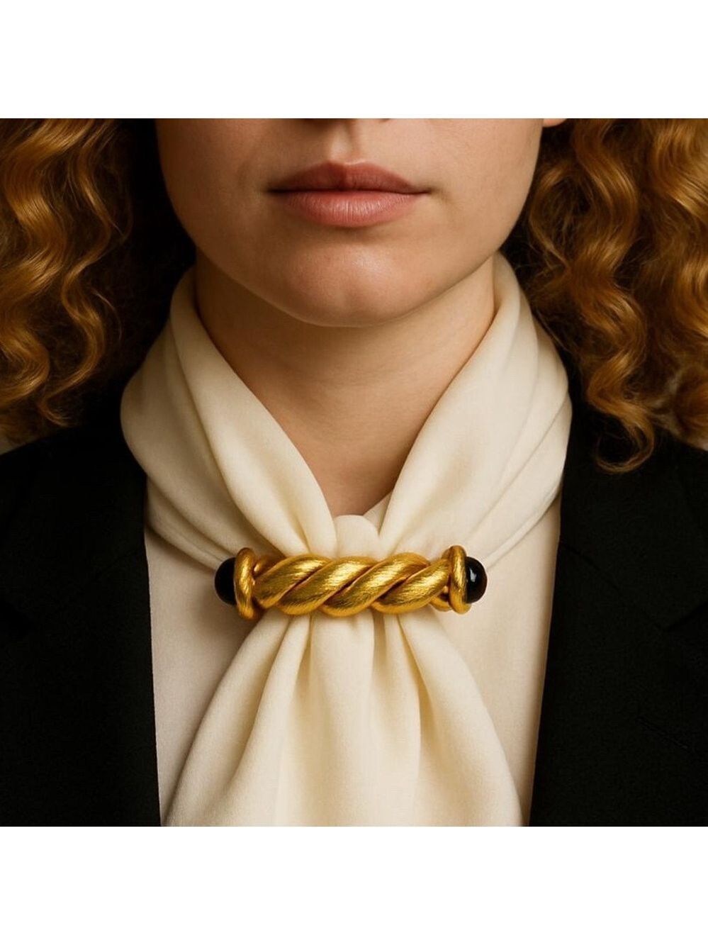 MCM ROPE TWISTED BRASS/BRONZE BASE BROOCH BLK CARBUNCLES @ EACH END RETRO LUXURY